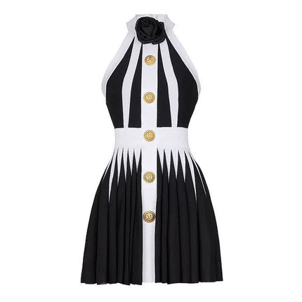 Black and white halter neck A-line dress with gold accents