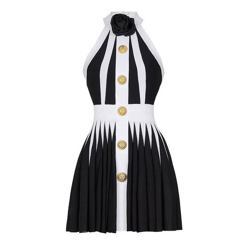 Black and white halter neck A-line dress with gold accents