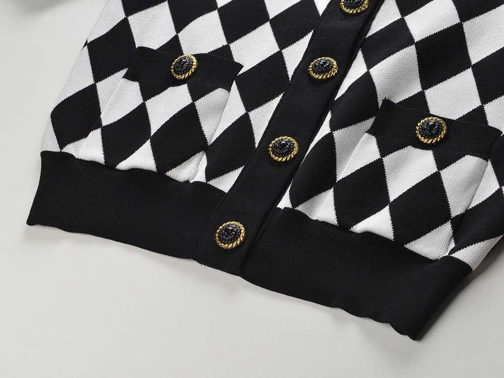 Black and White Harlequin Pattern Classic Cardigan with Gold Button Accents and Pockets