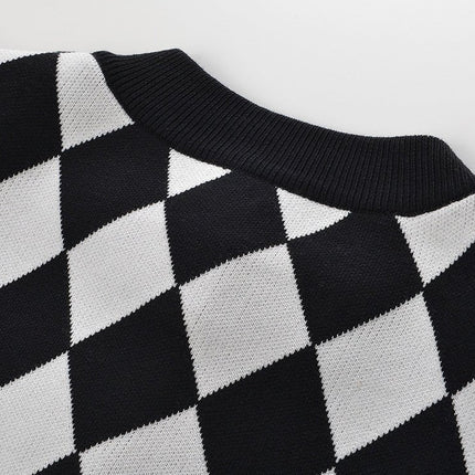 Black and White Harlequin Pattern Cardigan with Gold Button Accents and Pockets