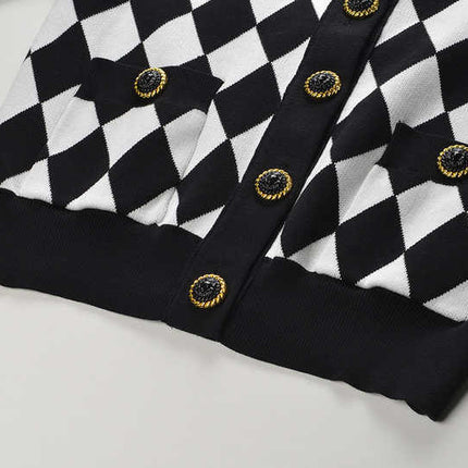 Black and White Harlequin Pattern Cardigan with Gold Button Accents and Pockets