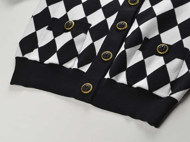 Black and White Harlequin Pattern Cardigan with Gold Button Accents and Pockets