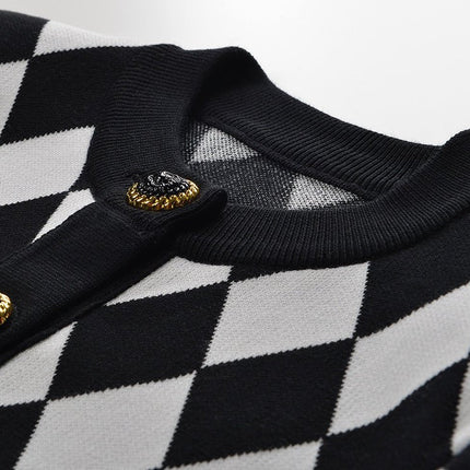 Black and White Harlequin Pattern Cardigan with Gold Button Accents