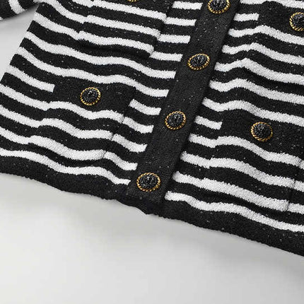 Black and white striped fitted knit cardigan with gold-tone buttons