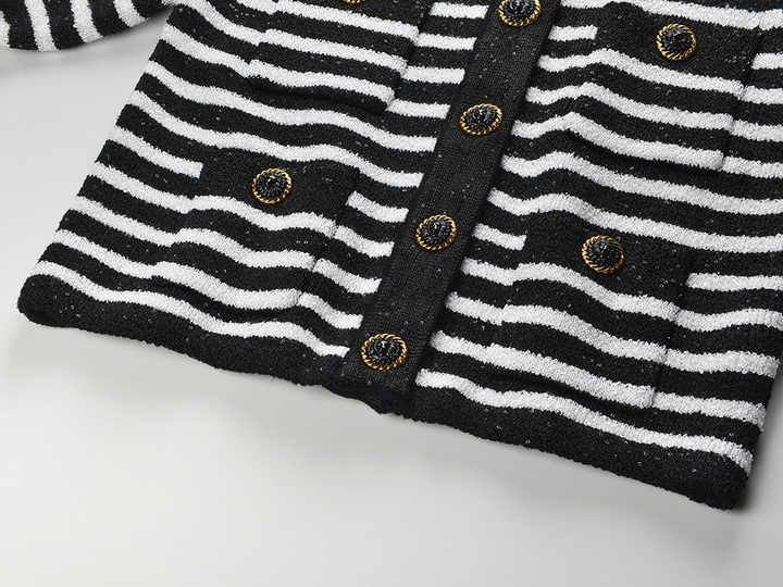 Black and white striped fitted knit cardigan with gold-tone buttons