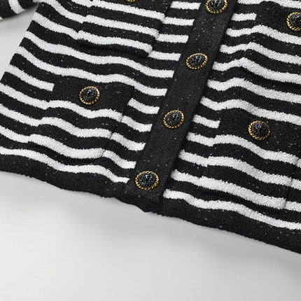 Black and white striped knit cardigan with gold-tone buttons and front pockets