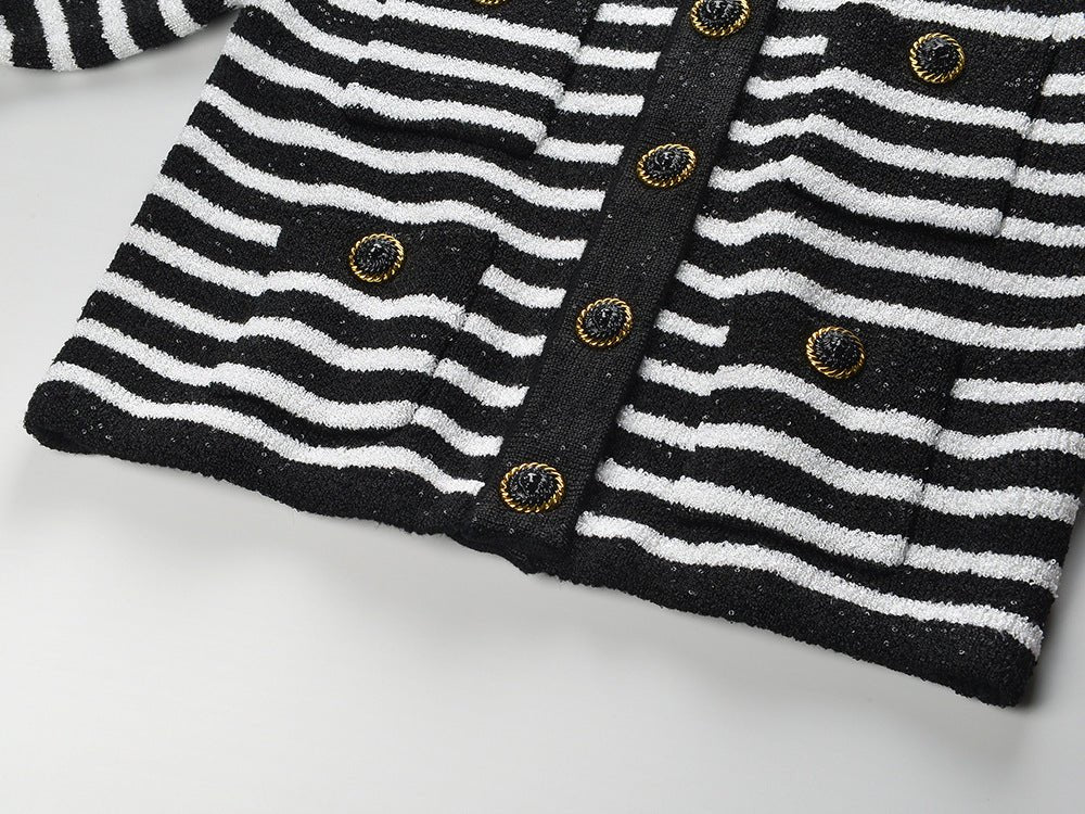 Black and white striped knit cardigan with gold-tone buttons and front pockets