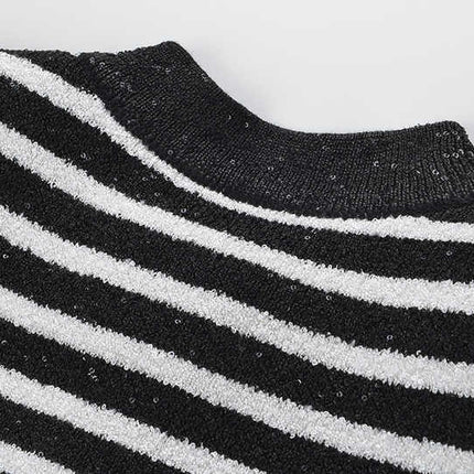 Black and white striped tailored knit cardigan with gold-tone buttons