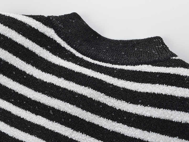 Black and white striped tailored knit cardigan with gold-tone buttons