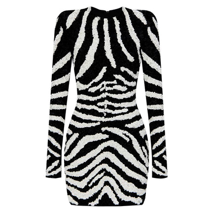 Black and white zebra stripe bodycon dress with long sleeves and high neckline
