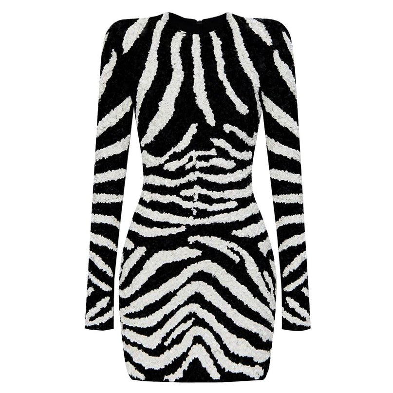 Black and white zebra stripe bodycon dress with long sleeves and high neckline