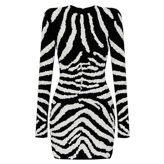 Black and white zebra stripe bodycon dress with long sleeves and high neckline