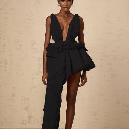 Black asymmetrical mini dress with ribbon design details and isoline pattern