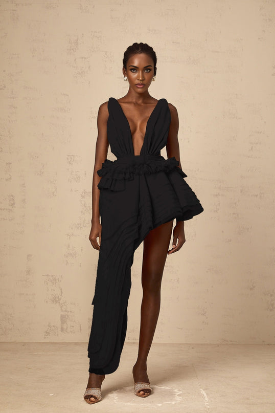 Black asymmetrical mini dress with ribbon design details and isoline pattern