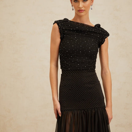 Black bateau neck cropped top with rhinestone embellishment and braid detailing