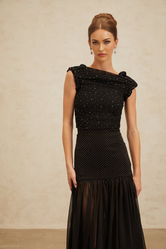Black bateau neck cropped top with rhinestone embellishment and braid detailing