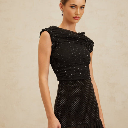 Black Bateau Neck Rhinestone Embellished Crop Top