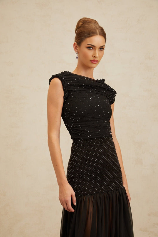 Black Bateau Neck Rhinestone Embellished Crop Top