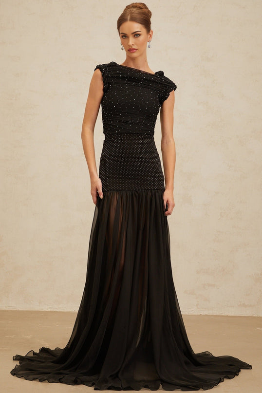 Black Bateau Neck Rhinestone Embellished Cropped Top