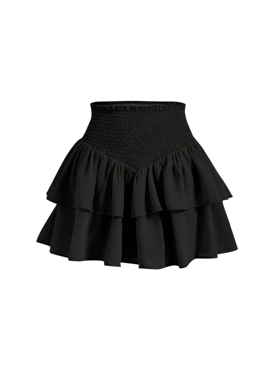 Black Bilayer Summer Frill Shirred Waist Two Layer Hem Skirt