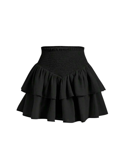 Black Bilayer Summer Frill Shirred Waist Two Layer Hem Skirt