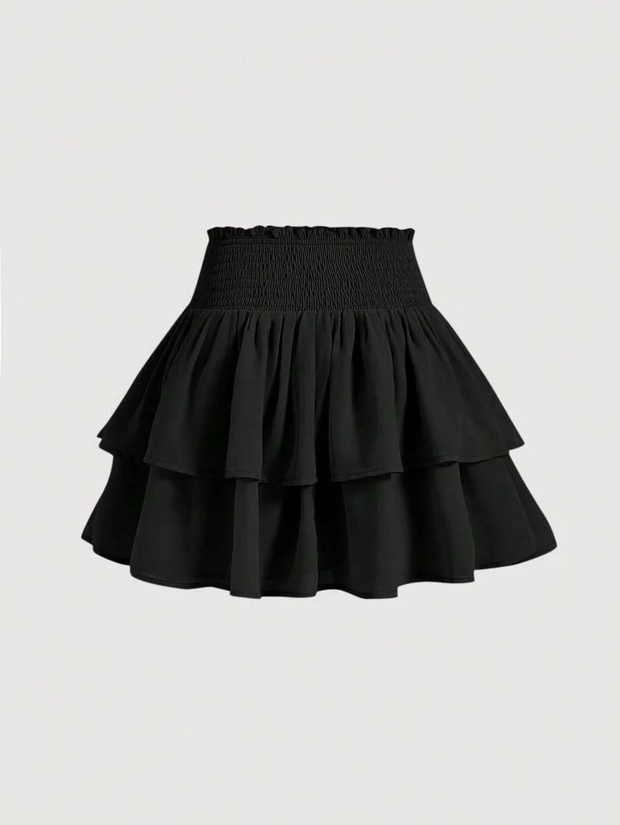 Black Bilayer Summer Frill Shirred Waist Two Layer Hem Skirt