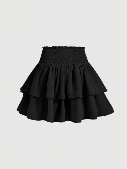 Black Bilayer Summer Frill Shirred Waist Two Layer Hem Skirt