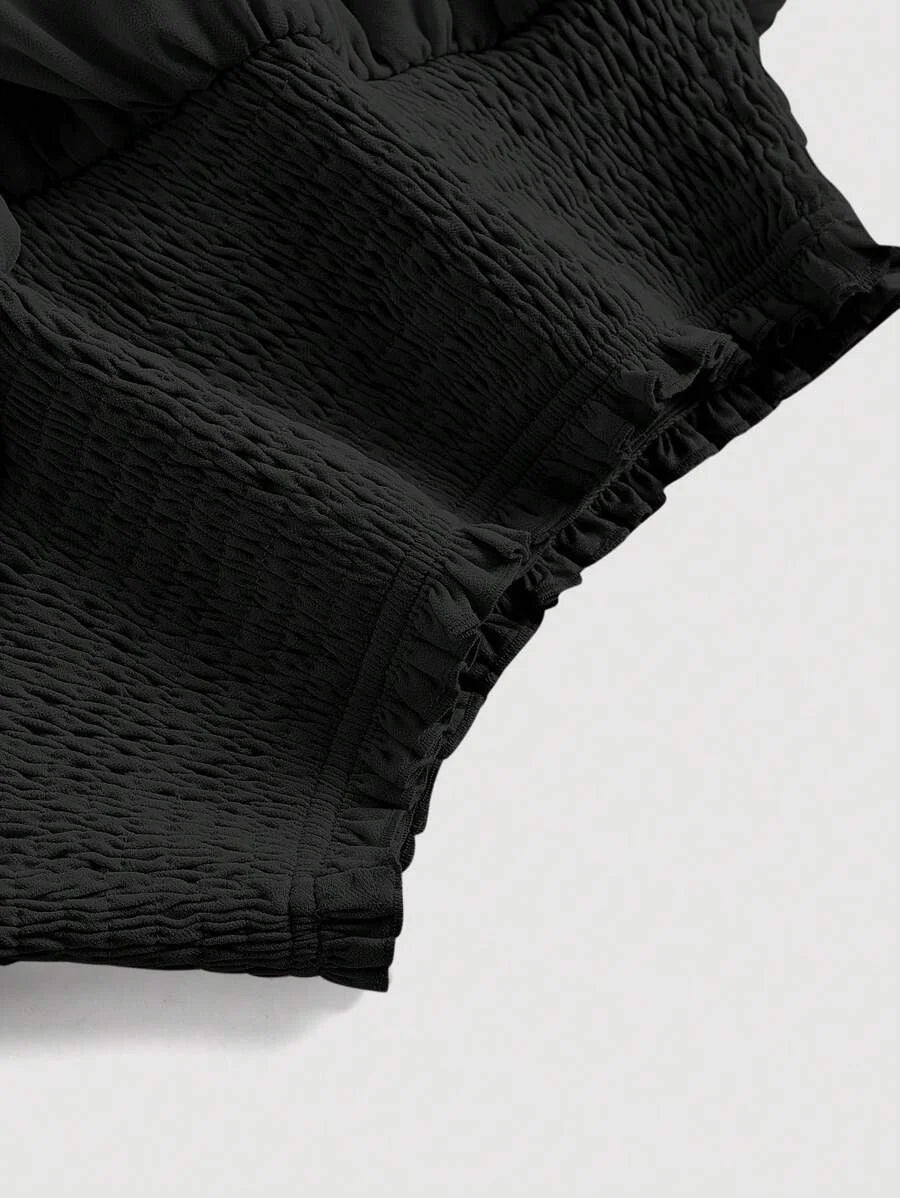 Black Bilayer Summer Frill Shirred Waist Two Layer Hem Skirt