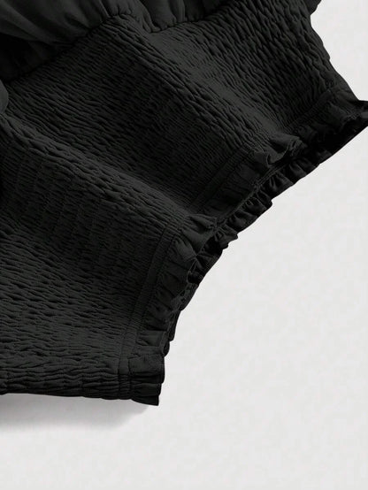 Black Bilayer Summer Frill Shirred Waist Two Layer Hem Skirt