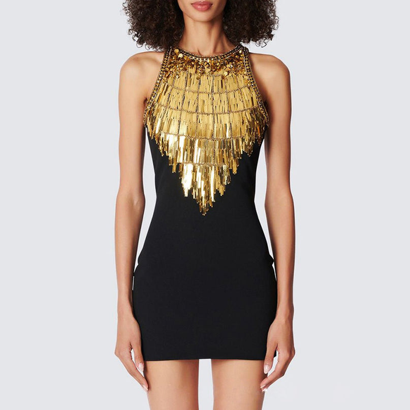 Black bodycon dress with gold sequin fringe