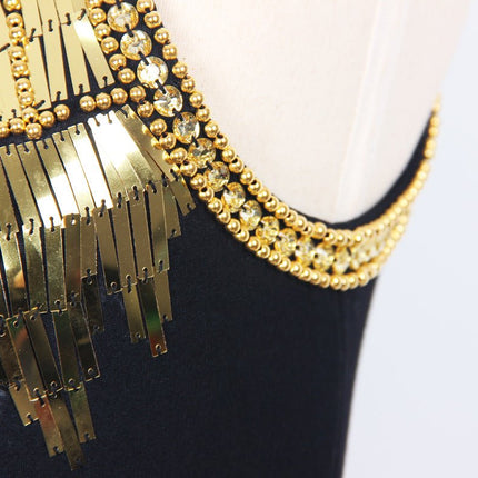 Black bodycon dress with gold sequin fringe