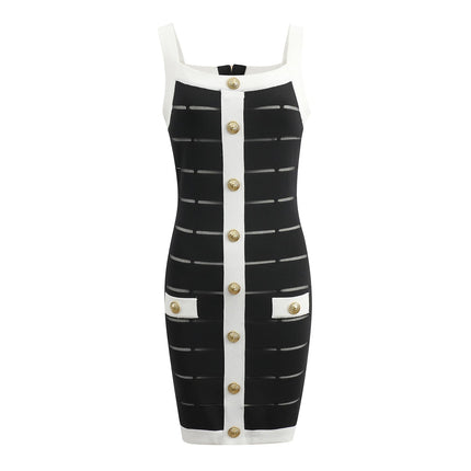 Black bodycon dress with white panel detailing and gold button embellishments