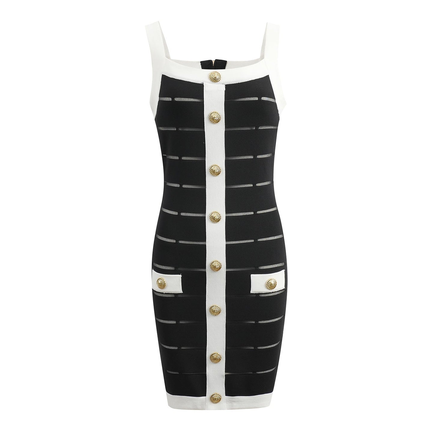 Black bodycon dress with white panel detailing and gold button embellishments