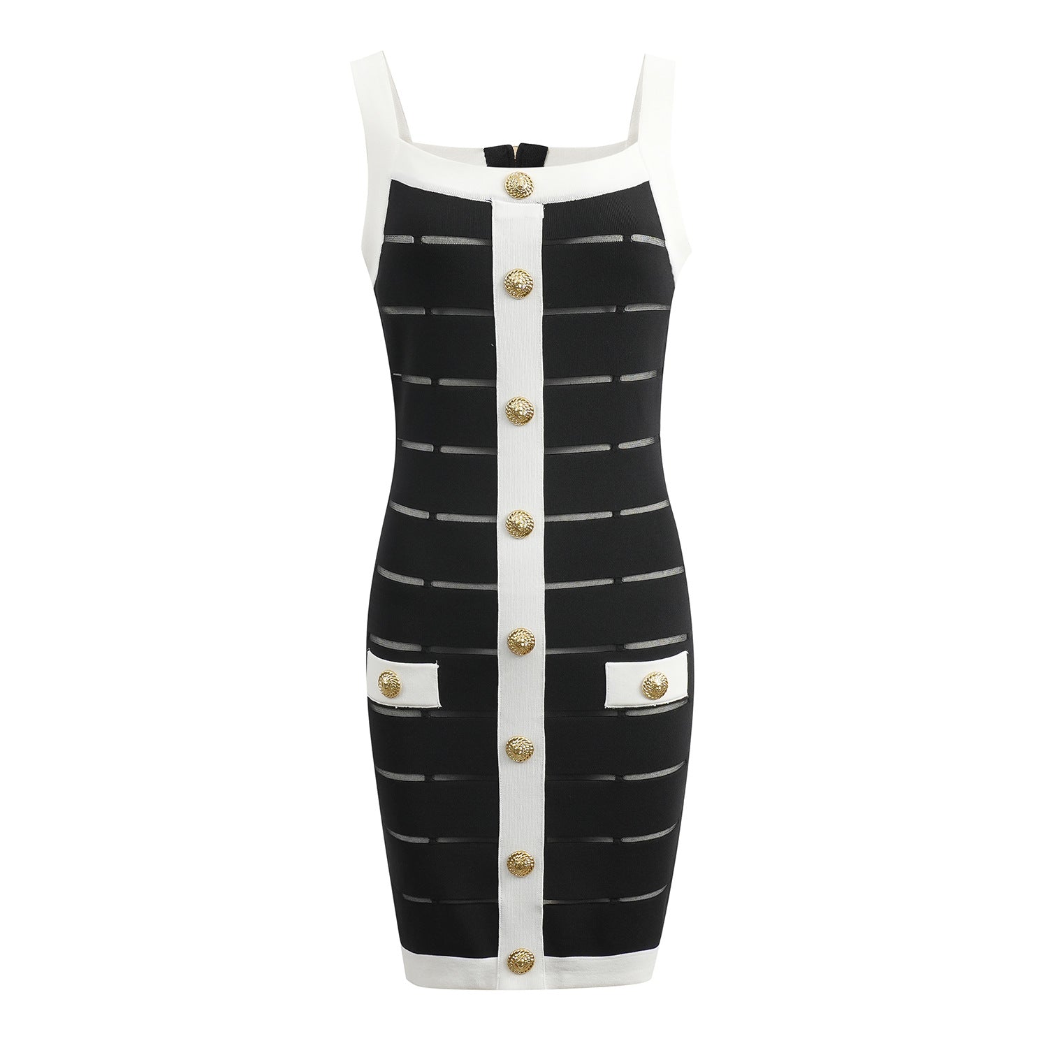 Black bodycon dress with white panel detailing and gold button embellishments