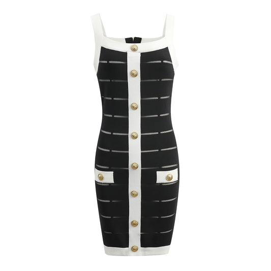 Black bodycon dress with white panel detailing and gold button embellishments
