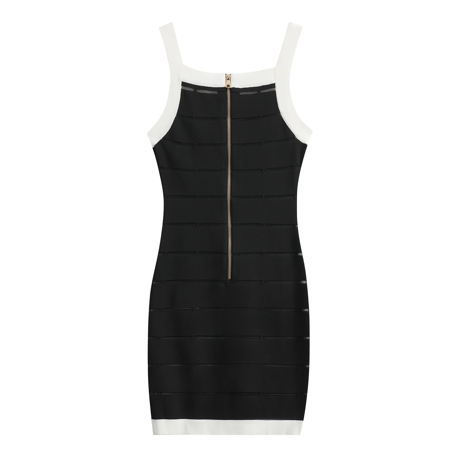 Black bodycon dress with white panel detailing and gold button embellishments