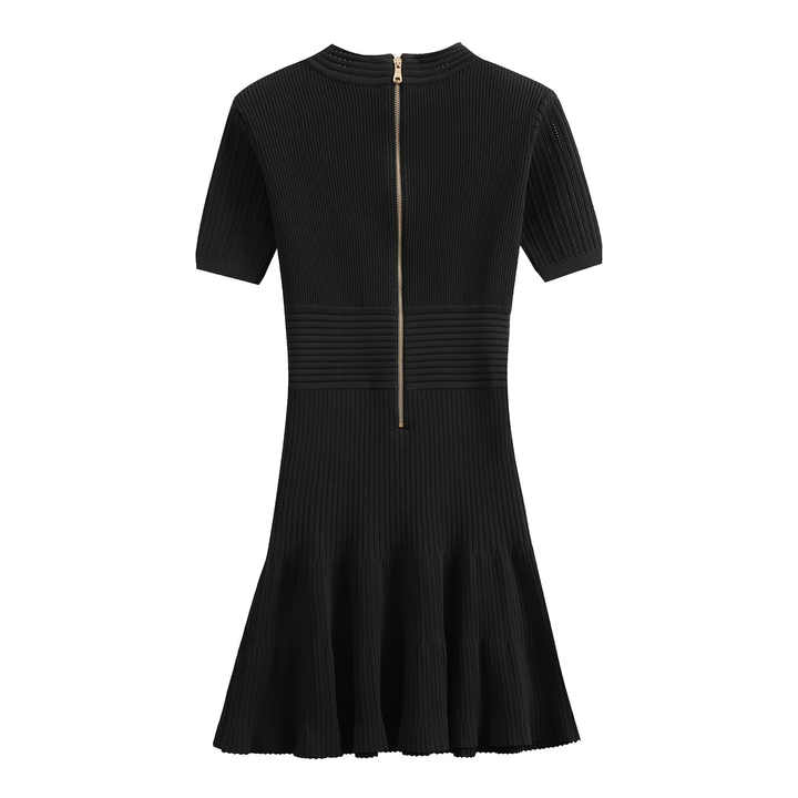 Black bodycon knit dress with ribbed texture and gold button details