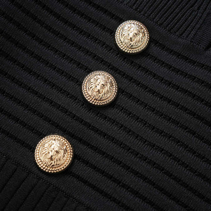 Black bodycon knit dress with ribbed texture and gold button details