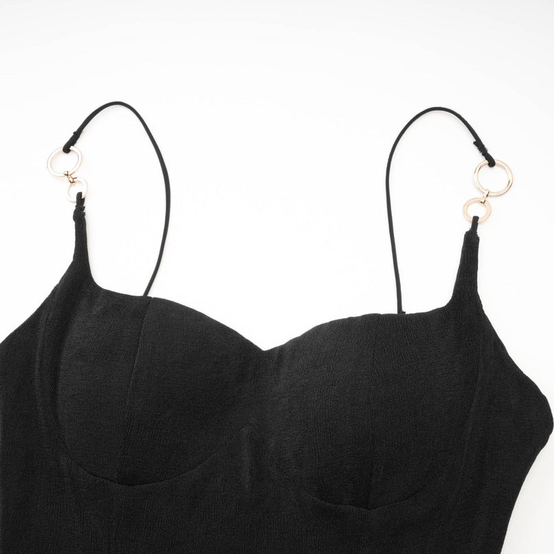 Black bustier style midi dress named Ailbhe on a plain background