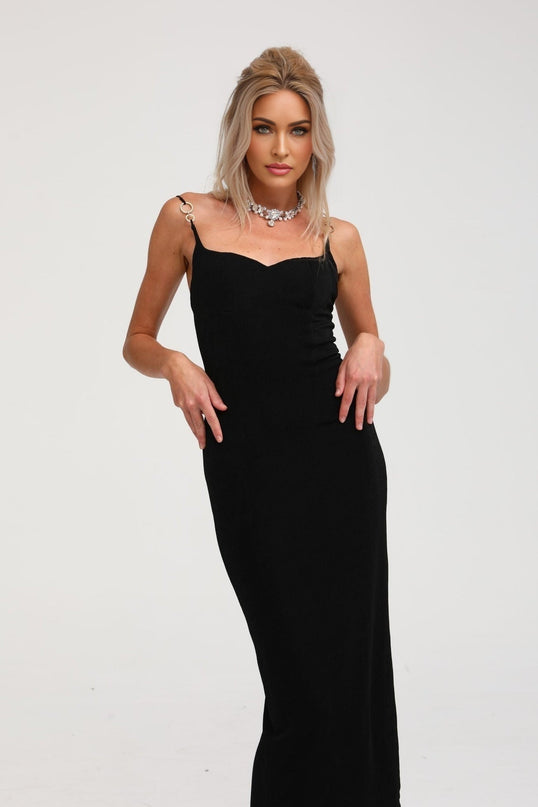 Black bustier style midi dress with fitted bodice and flared skirt named Ailbhe