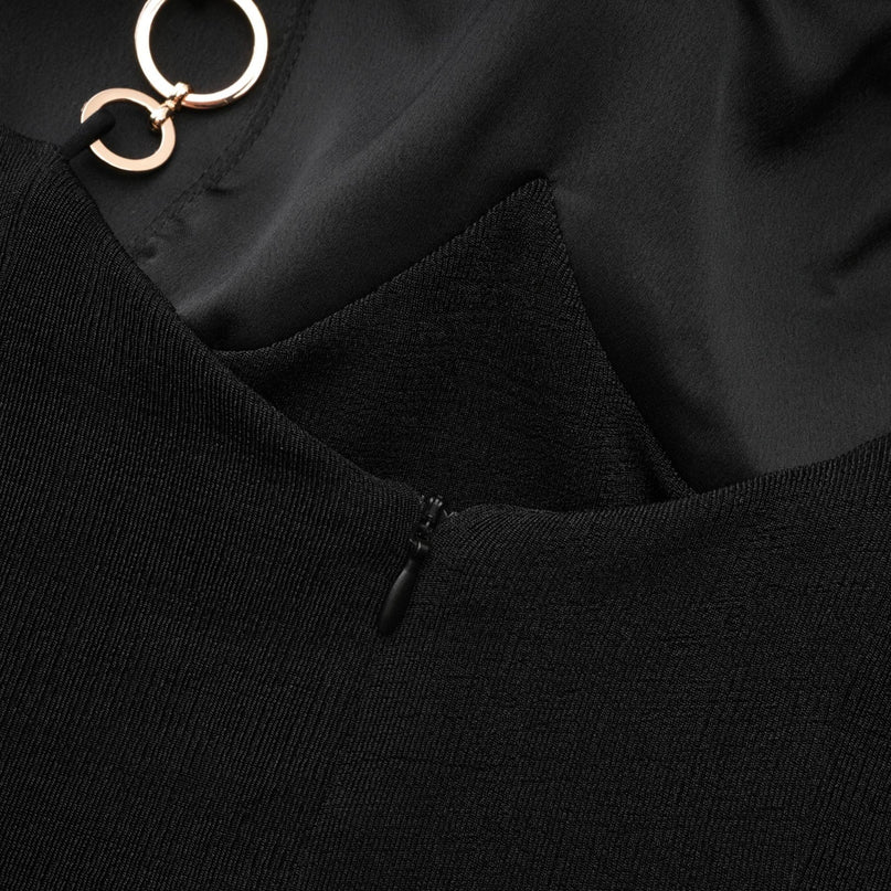 Black bustier style midi dress with fitted bodice and flared skirt named Ailbhe