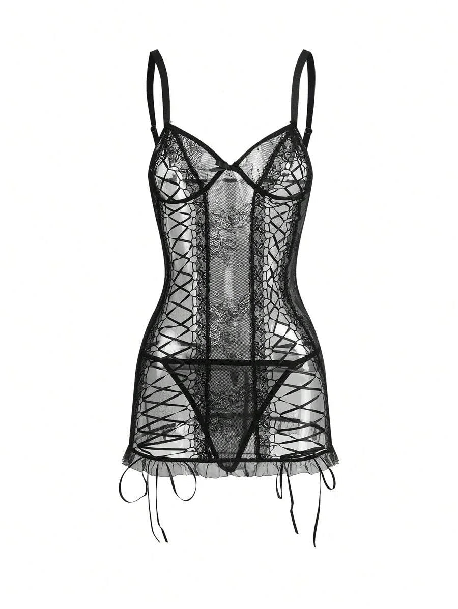 Black Criss Cross Ruffle Bow Front Babydoll and Thong Set
