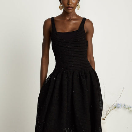Violet Black Crochet Knit Sequin Embellished Flared Midi Dress