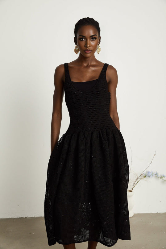 Violet Black Crochet Knit Sequin Embellished Flared Midi Dress