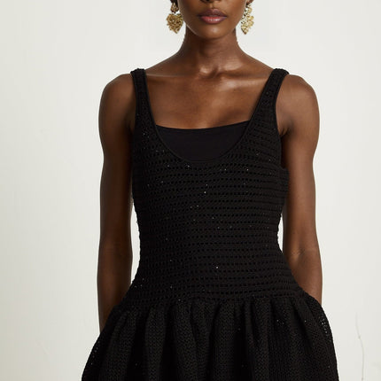 Violet Black Crochet Knit Sequin Embellished Flared Midi Dress