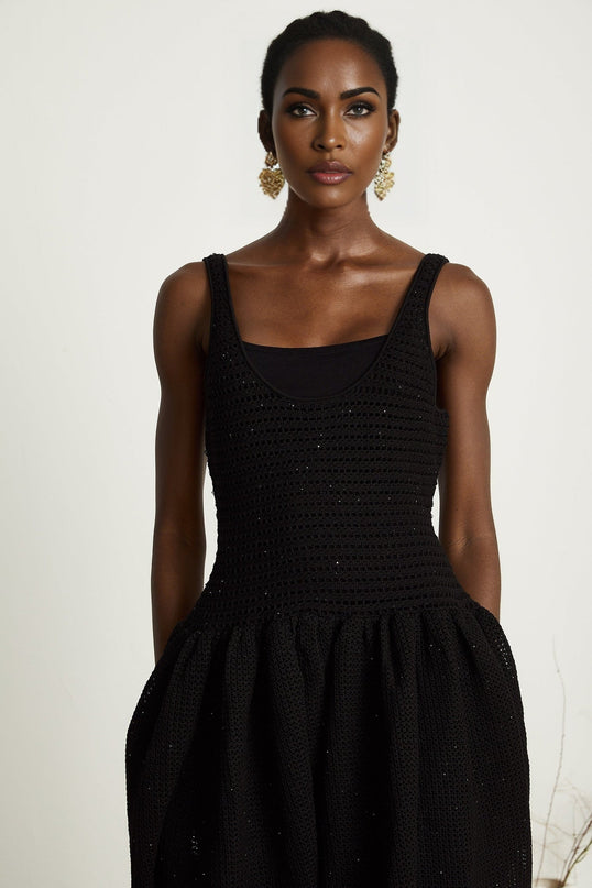 Violet Black Crochet Knit Sequin Embellished Flared Midi Dress