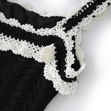 Black crochet lace fitted tank top with white accents