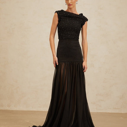 Black cropped bateau neck top with rhinestone embellishment and braid detailing