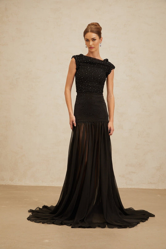 Black cropped bateau neck top with rhinestone embellishment and braid detailing