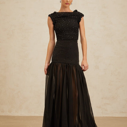 Black cropped bateau neck top with rhinestone embellishment and braid detailing